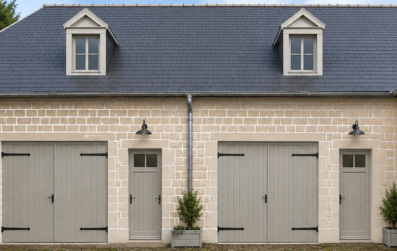 Garages et toiture après rénovation, vue depuis la cour